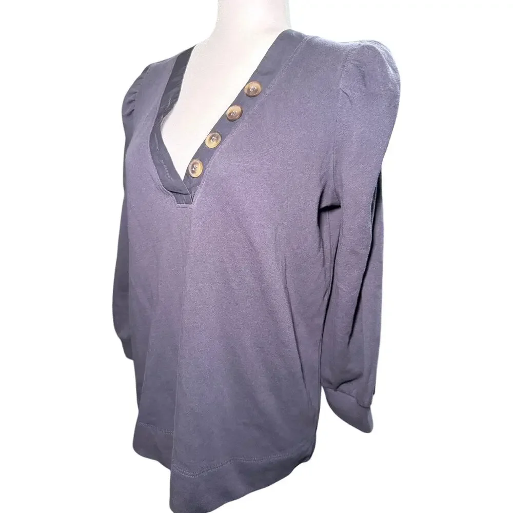 LOFT Gray Button V-Neck Puff Sleeve Tunic Shirt, Cotton Modal Women Medium, NWT